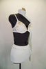  2-piece white contemporary/lyrical costume has shorts with mesh side and tie accent. Bra has hand painted white & gold swirls & attached single Bishop sleeved shrug. Right side