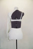  2-piece white contemporary/lyrical costume has shorts with mesh side and tie accent. Bra has hand painted white & gold swirls & attached single Bishop sleeved shrug. Back