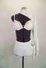  2-piece white contemporary/lyrical costume has shorts with mesh side and tie accent. Bra has hand painted white & gold swirls & attached single Bishop sleeved shrug. Front