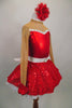 Red 2-piece crystal covered costume has sweetheart neck, nude sheer, upper, sleeves & keyhole back The skirt is a red sequined with crystal buckle & back bow. Comes with hair accessory. Side