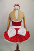 Red 2-piece crystal covered costume has sweetheart neck, nude sheer, upper, sleeves & keyhole back The skirt is a red sequined with crystal buckle & back bow. Comes with hair accessory. Back