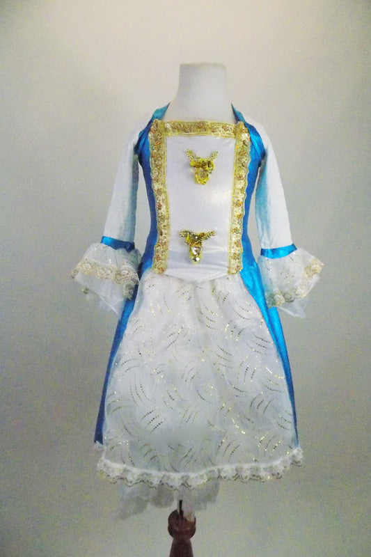 Marie Antoinette, 3-piece white & turquoise costume has beaded gold ribbon & sequined appliques. Comes with lace cuffed shrug, bloomers & Renaissance style wig. Front