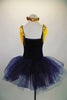 Navy blue velvet ballet dress has tulle tutu, pinch front with gold star and shoulders with tasseled epaulets. Comes with gold sequined headband. Back