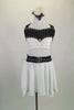 Black & white two-piece costume has crystal covered half top of white & black velvet comes with white chiffon shirt that a has black velvet crystalled belt. Front