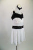 Black & white two-piece costume has crystal covered half top of white & black velvet comes with white chiffon shirt that a has black velvet crystalled belt. Right side