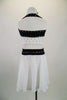 Black & white two-piece costume has crystal covered half top of white & black velvet comes with white chiffon shirt that a has black velvet crystalled belt. Back