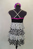 Camisole dress with black bust & flower is an optical illusion with layers of black & white ruffles alternating between checkers & polka-dots. Has hair flower. Back
