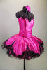 Pink satin boned bodice with black beaded lace has matching satin wide lace scalloped overlay. Overlay sits on top of a black pleated & tacked tutu. Comes with hair accessory. Side