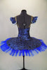 Royal blue velvet base with silver glitter swirl pattern has Russian style bodice & matching circular overlay Has 6 layer blue pleated professional pancake tutu. Comes with hair accessory. Back