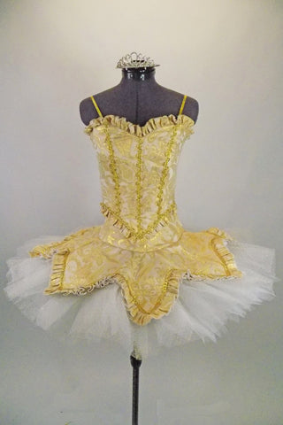 Professional platter tutu is hooped, pleated & tacked with peaked edges. Gold braided-brocade, peaked overlay has basque that blends with matching boned bodice. Cones with crystal tiara. Front