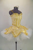 Professional platter tutu is hooped, pleated & tacked with peaked edges. Gold braided-brocade, peaked overlay has basque that blends with matching boned bodice. Cones with crystal tiara. Right side.