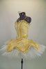 Professional platter tutu is hooped, pleated & tacked with peaked edges. Gold braided-brocade, peaked overlay has basque that blends with matching boned bodice. Cones with crystal tiara. Left side