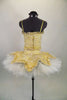 Professional platter tutu is hooped, pleated & tacked with peaked edges. Gold braided-brocade, peaked overlay has basque that blends with matching boned bodice. Cones with crystal tiara. Back