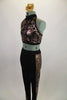 Black halter style top has gold sequined floral design with black leggings that have matching sequin fabric down each leg. Comes with matching hair accessory. Side