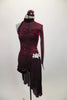 Deep maroon sequined unitard has velvet left side, leg cuffs, & neck. Sweetheart crossover neckline has sheer upper & sleeve. Has chiffon side skirt & applique. Comes with hair band accessory. Front