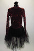Burgundy sequined sheer long sleeved top with keyhole back sits over a burgundy bra top. The black brief bottoms & romantic tutu skirt complete the outfit. Front