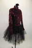 Burgundy sequined sheer long sleeved top with keyhole back sits over a burgundy bra top. The black brief bottoms & romantic tutu skirt complete the outfit. Side