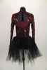 Burgundy sequined sheer long sleeved top with keyhole back sits over a burgundy bra top. The black brief bottoms & romantic tutu skirt complete the outfit. Back