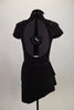 Black short unitard has layered peplum skirt, high neck & open bust. Front has center cut-out & corset lacing that reveals an attached black. Has Brooch accent. Back