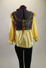 Wench girl themed costume has gold satin blouse with side-laced corset vest & blouson sleeves. Blouse is accompanied by black leggings & burgundy hair band. Back