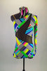 Unique, colorful striped block print asymmetrical leotard has single left sleeve. A black, mesh insert crosses the torso at an angled and the whole back. Comes with hair accessory. Front
