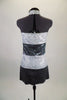 Sequined tunic dress has wide stripes of silver and charcoal with high neck open chest halter style cut. comes with matching hair accessory. Back