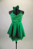 Pretty emerald green dress has crystaled lace bus & wide waistband. The high-low skirt has a green layered petticoat for volume & softness. Comes with hair bow. Front
