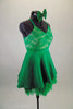 Pretty emerald green dress has crystaled lace bus & wide waistband. The high-low skirt has a green layered petticoat for volume & softness. Comes with hair bow. Side