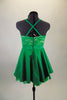 Pretty emerald green dress has crystaled lace bus & wide waistband. The high-low skirt has a green layered petticoat for volume & softness. Comes with hair bow. Back
