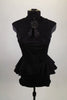 Black short unitard has layered peplum skirt, high neck & open bust. Front has center cut-out & corset lacing that reveals an attached black. Has Brooch accent. Front