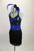 Black & blue patterned cross-front sequined top is attached to a black layered fringe skirt. The skirt and top are accented by a blue metallic cummerbund belt. Comes with matching hair accessory. Side