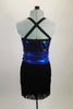 Black & blue patterned cross-front sequined top is attached to a black layered fringe skirt. The skirt and top are accented by a blue metallic cummerbund belt. Comes with matching hair accessory. Back