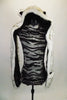 Black and grey animal print leotard has black sheer back. The costume is completed by a furry wolf-hood shawl complete with ears and hand insert paws. Front