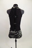 Black and grey animal print leotard has black sheer back. The costume is completed by a furry wolf-hood shawl complete with ears and hand insert paws. Back without hooded shawl