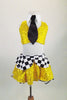 Yellow sequined skirt with black & white peplum & petticoat accompanies a matching open backed half-top. Comes with faux shirt collar, tie, gloves & taxi hat.  Front without hat