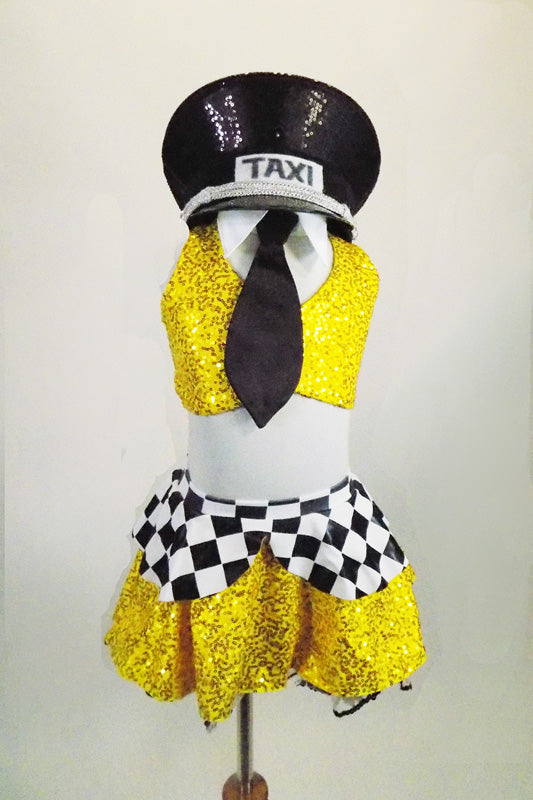 Yellow sequined skirt with black & white peplum & petticoat accompanies a matching open backed half-top. Comes with faux shirt collar, tie, gloves & taxi hat.  Front
