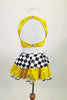 Yellow sequined skirt with black & white peplum & petticoat accompanies a matching open backed half-top. Comes with faux shirt collar, tie, gloves & taxi hat.  Back