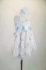 White sequined rose lace baby-doll dress has wide lace ruffle edge & wide satin baby blue sash. The back has lace-up closure. Comes with lace edged bloomers. Side