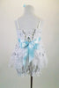 White sequined rose lace baby-doll dress has wide lace ruffle edge & wide satin baby blue sash. The back has lace-up closure. Comes with lace edged bloomers. Back