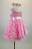 Pink rose floral sequined lace print A-line dress has wide satin, crystal covered satin band that snaps at back with bow. Comes with beaded -floral head wreath. Side