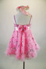 Pink rose floral sequined lace print A-line dress has wide satin, crystal covered satin band that snaps at back with bow. Comes with beaded -floral head wreath. Back