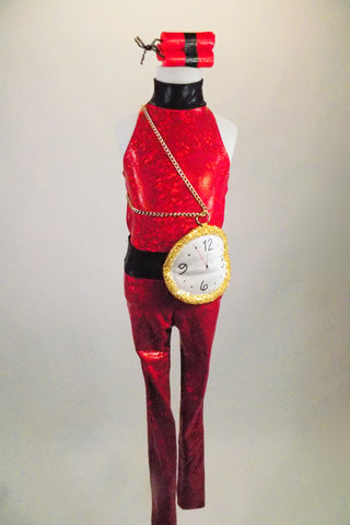 Red glitter lycra unitard has high neck, open sides & zip back. Large fabric clock sits at the left hip with gold chains. Comes with dynamite hair accessory. Front