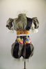 Clock-themed 3-piece costume has brocade brown velvet half top with clock accent at bust. Has satin striped half coat & matching floral waistband shorts. Back