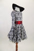 French flare, black and white damask motif, scoop neck dress has tulle crinoline and bright red tie belt. Comes with black felt beret hat. Right side