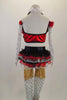 Red metallic halter half top has red 3-D flowers,bow tie, ruffled tuxedo lapel that attaches to the skirt of black & red ruffles. Comes with tights & gauntlets. Back