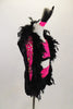 Pink & black three-piece costume has pink lace bra-top & black shorts with pink lace front. The  shrug has pink lace on sleeves and is adorned with feathers. Comes with feather hair accessory. Side