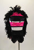 Pink & black three-piece costume has pink lace bra-top & black shorts with pink lace front. The  shrug has pink lace on sleeves and is adorned with feathers. Comes with feather hair accessory. Back
