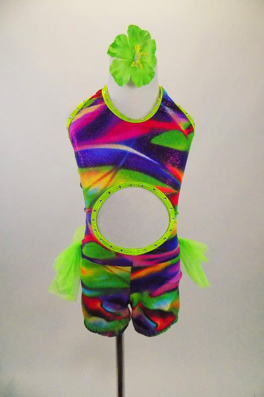 Kaleidoscope design short unitard has neon green piping lined with crystals. Belly has open circle & neon green ruffles of tricot make up the bustle. Comes with hair accessory, Front