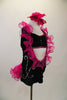 Black velvet short unitard has halter neck, deep open front & back, with hot pink organza curly ruffle trim and bustle. Comes with matching bandeau bra & flower Right side