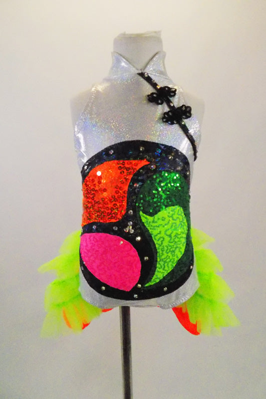 Silver based leotard with mandarin collar has colorful Tomoe symbol on torso. Costume has kimono influence & back that has a fish-tail Obi & neon green tulle. Front